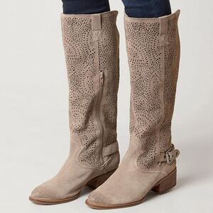 Naughty Monkey Tall Boots Women's 8 Tan Gray Perforated Leather Block Heel